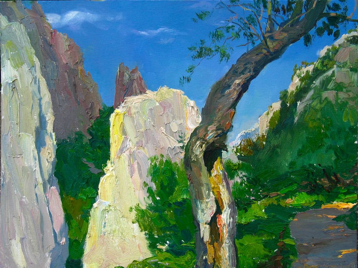 Impressionistic Landscape Oil Painting By Sergey Kostov, 24 X 18", Sunny Afternoon In The Mountains, Original Artwork