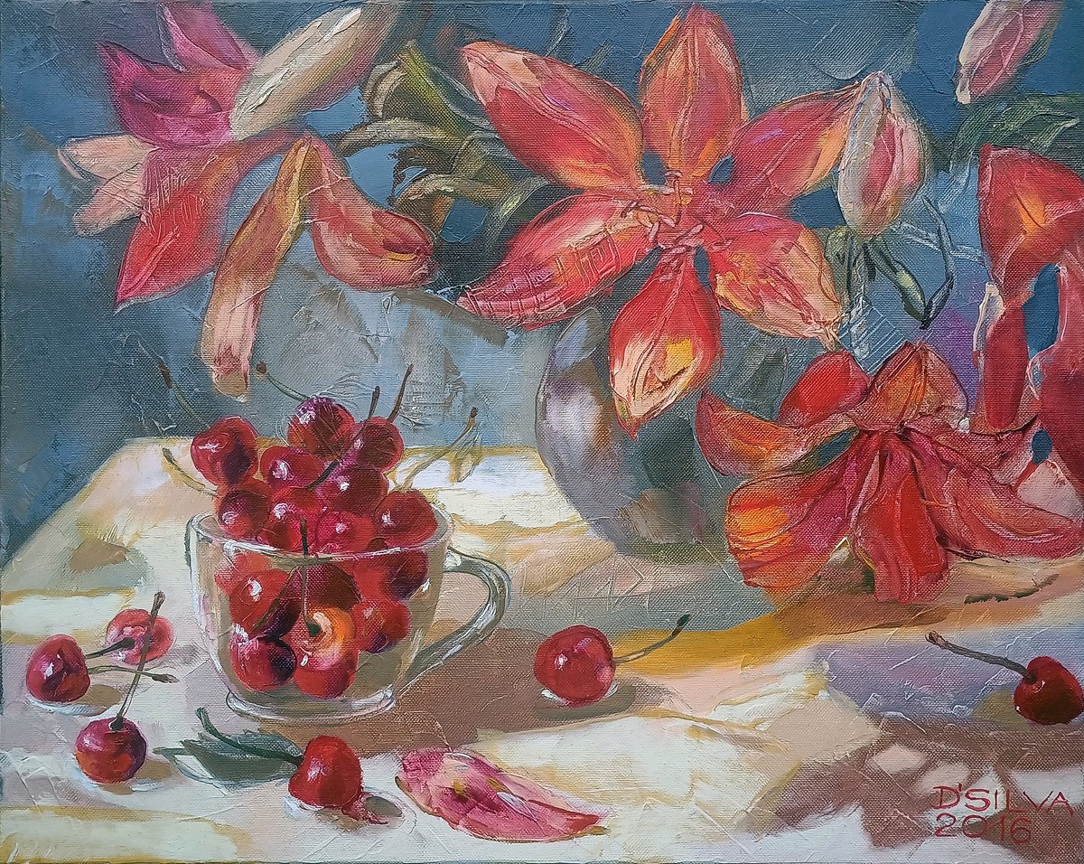 Photorealistic Still Life Oil Painting By Silvija Drebickaite, 20 X 16", Cup With Cherries, Original Artwork