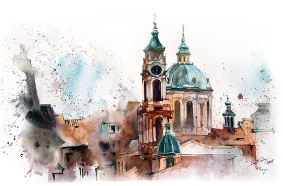 Prague Roofs Cityscape Watercolor