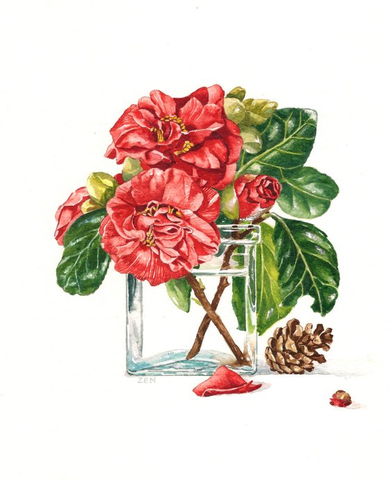 Camellias and Fir Cone
