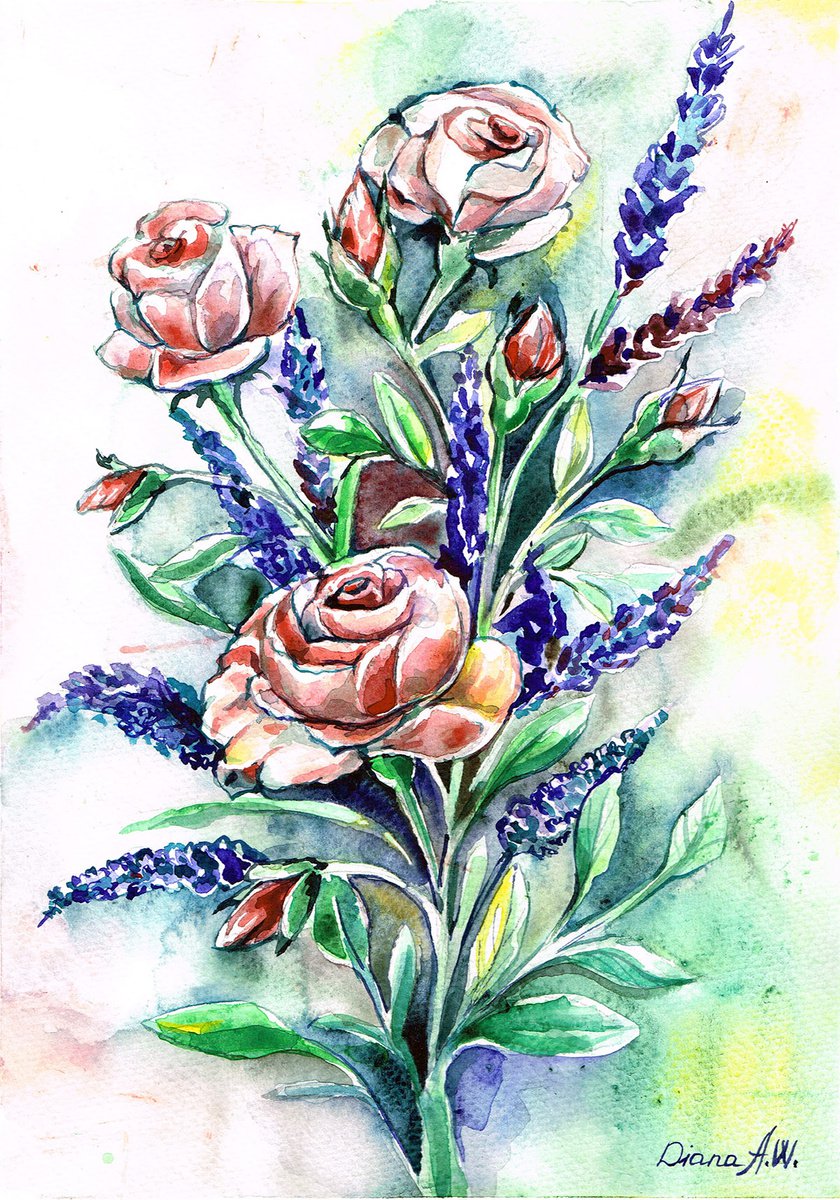 red pink roses and lavender flowers by Diana Aleksanian