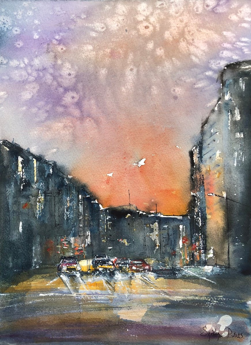 Impressionistic Cityscapes Watercolour By Snezana Djordjevic, 11 X 15", City Under The Stars, Original Artwork