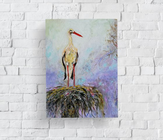 "Before the Flight" Stork Original Oil Painting 10x7"