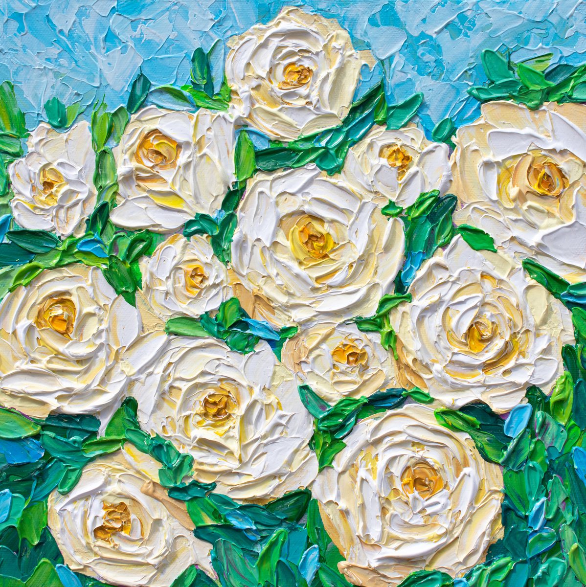 Impressionistic Botanical Acrylic Painting By Olga Tkachyk, 12 X 12", White Roses, Original Artwork