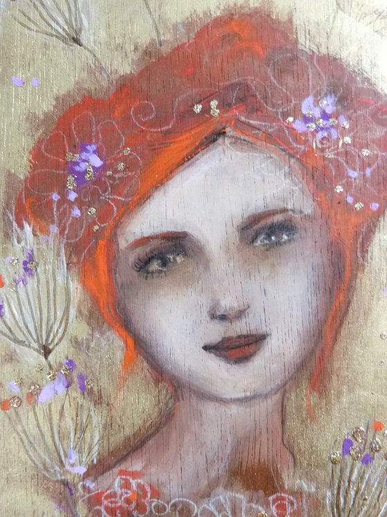 Sentimental 30 x 15 cm. Romantic redheaded woman on wood.