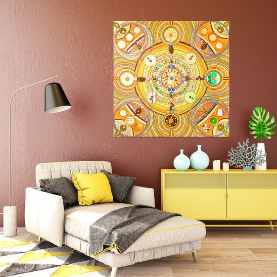 SUN - Golden abstract wall sculpture, decorative painting of rhinestones, mirrors, crystals