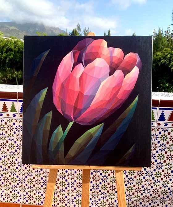 RED CRYSTAL TULIP ON A BLACK