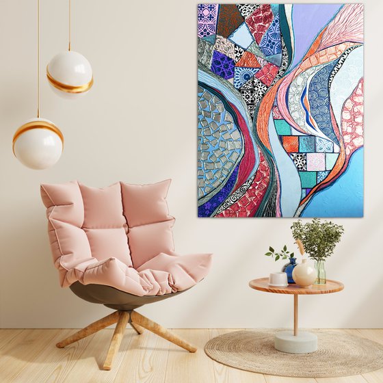 Colorful large abstract painting. Pink blue purple lilac silver Oriental wall art