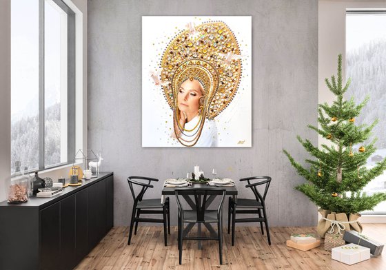 Custom portrait from a photo Queen. Art commission. Large painting, mixed media photo collage with precious stones, rhinestones