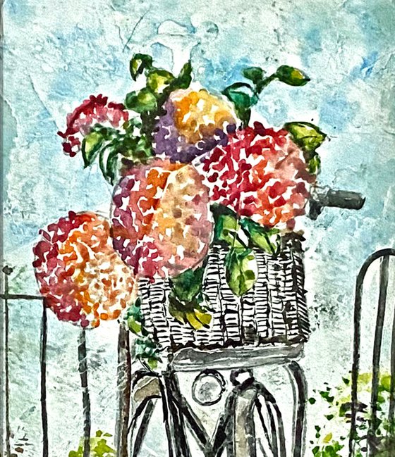 Hydrangeas Basket on a Bike Original Watercolor Matted Signed Framed