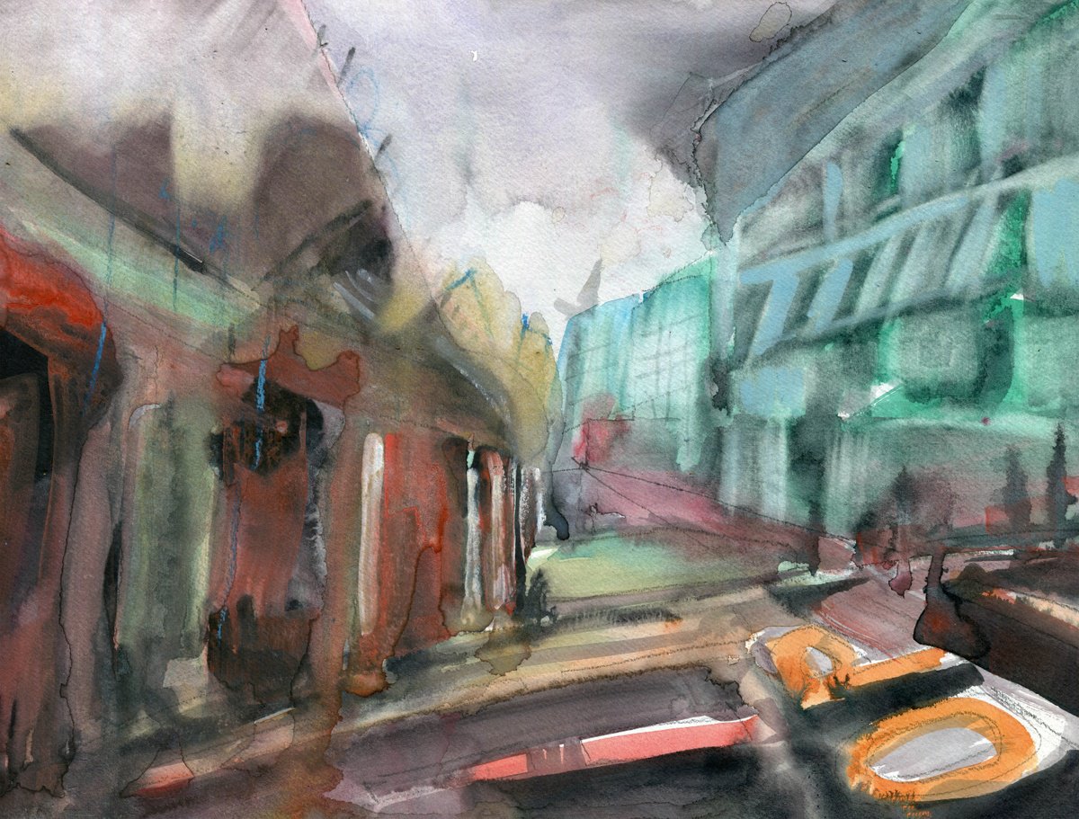 Abstract Cityscapes Watercolour By Elizabeth Anne Fox, 17 X 12, Green Glass Manchester, Original Artwork
