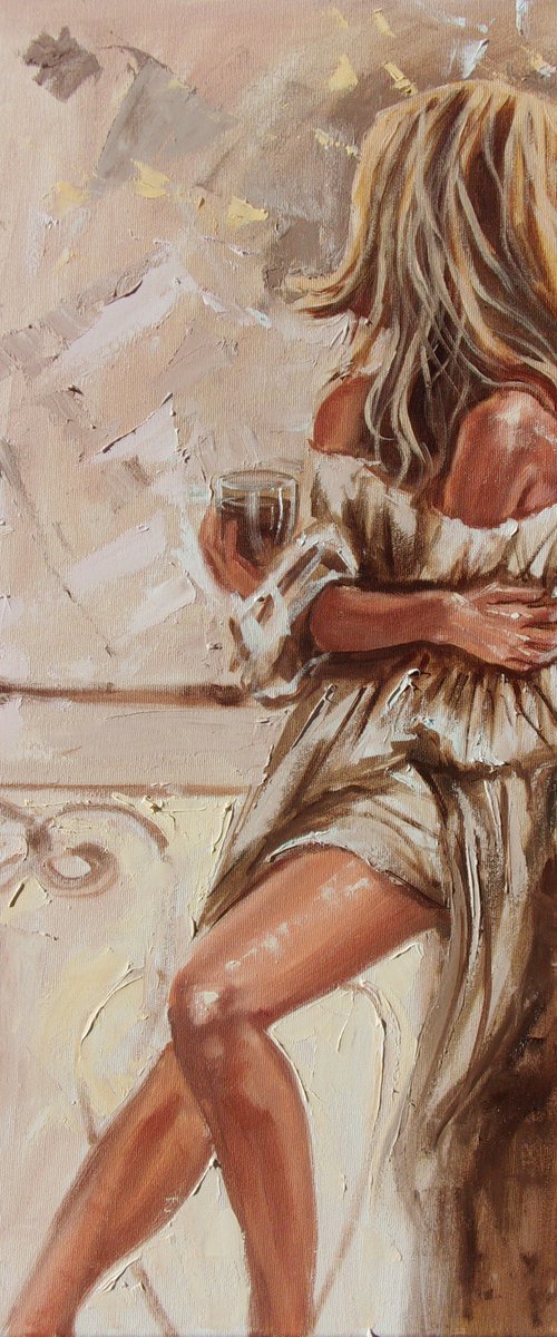 " MY BALCONY AND COFFEE "-   liGHt  ORIGINAL OIL PAINTING, GIFT, PALETTE KNIFE nude WINDOW by Monika Luniak