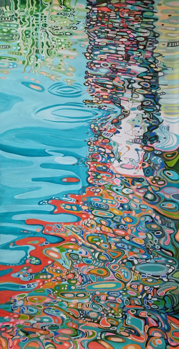 Impressionistic Abstract Acrylic Painting By Alexandra Djokic, 44 X 83, Water Reflection Xxl, Original Artwork