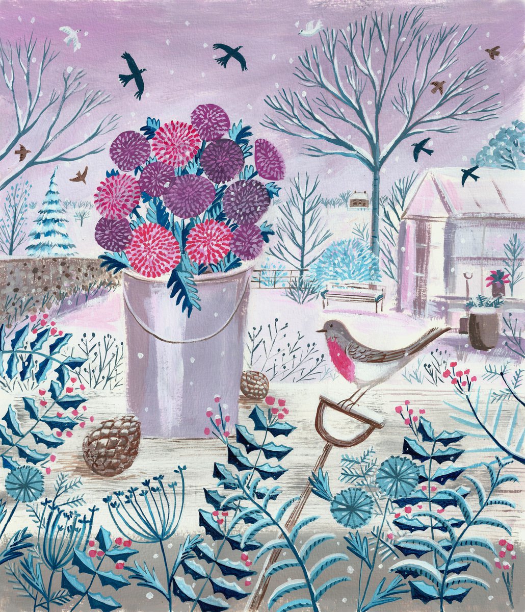 Illustrative Acrylic Painting , Winter Garden With Robin By Mary Stubberfield, 13 X 15, Artwork For Sale On Artfinder