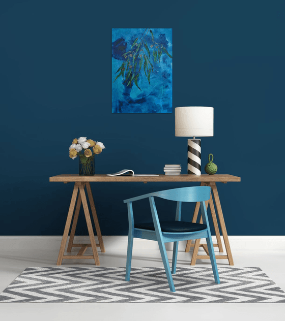 Eucalyptus on blue expressive background