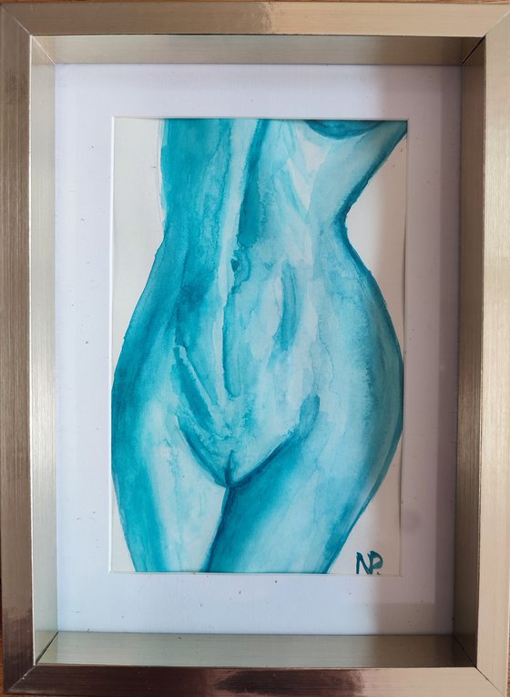 Nude, framed original watercolor ink girl painting, small gift, art for home