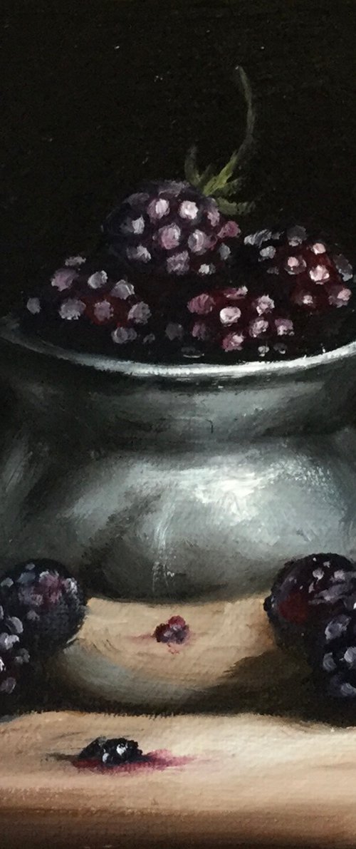 Silver cup with blackberries still life by Jane Palmer Art