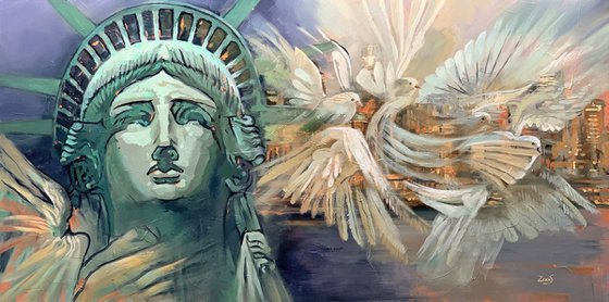 Cityscape New York Oil Painting, Statue of Liberty
