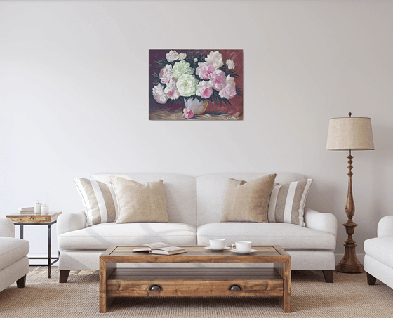 Peonies in vase (60x80cm, oil painting, palette knife)