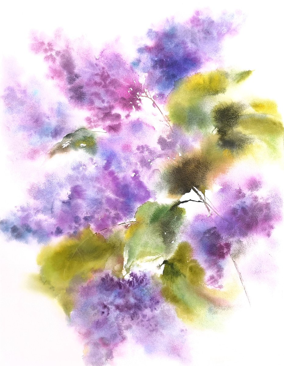 Lilac bouquet, impressionist watercolor flowers by Olya Grigo