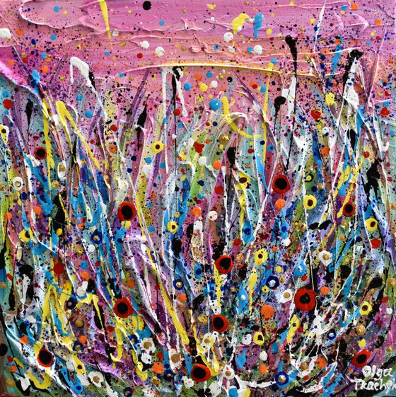 Pink Flowers Meadow - Abstract Floral Landscape, Textured Painting