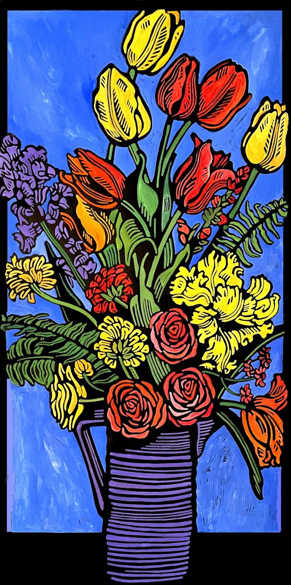 Illustrative Botanical Linocut By Laurel Macdonald, 15 X 29", Spring Bouquet, Original Artwork