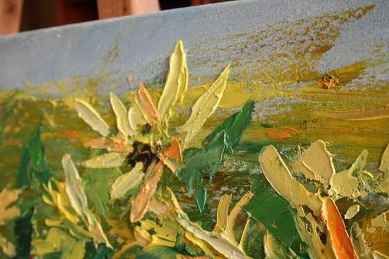 Sunflowers ... Summer ... Sun ... Wind ... / PAINTING CREATED WITH A PALETTE KNIFE / ORIGINAL PAINTING