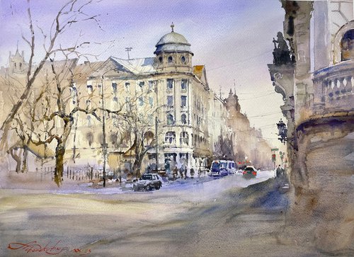 Riga, Elizabetes Street. Watercolor on paper by Aleksandrs Neberekutins