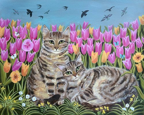 Tabbies with tulips by Mary Stubberfield