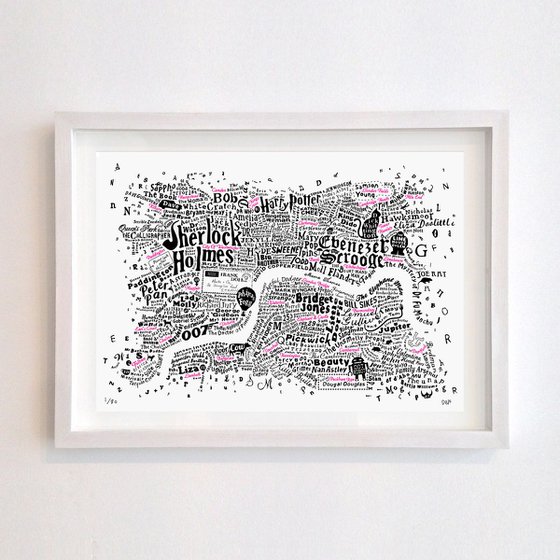 Literary Central London Map (black and fluoro red screenprint)
