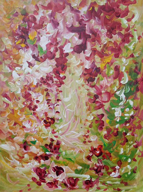 Magic Garden. Red and Pink Flowers. Abstract Floral Original Painting on Canvas