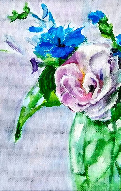 Lilac bouquet, Pink Roses Painting Original Art Forget-me-not Artwork Floral Wall Art Flower Bouquet by Yulia Berseneva