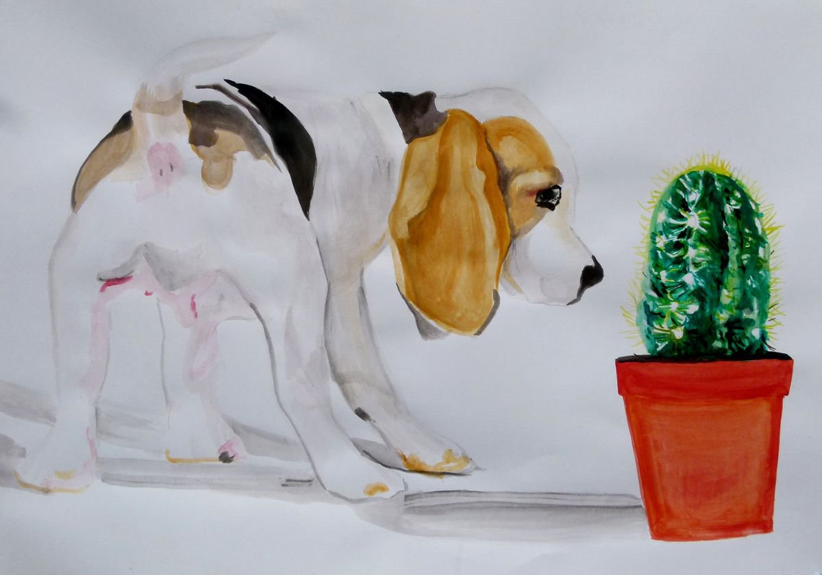 Photorealistic Animal Acrylic Painting By Soso Kumsiashvili, 33 X 24", Dog And Cactus, Original Artwork