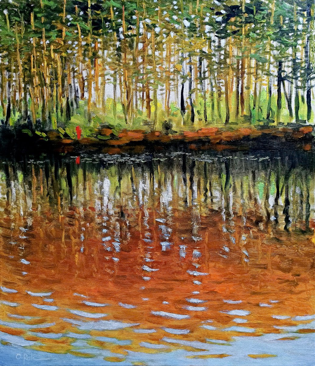 Impressionistic Landscape Oil Painting By Oleh Rak, 24 X 28", Pine Trees On The River Bank, Original Artwork