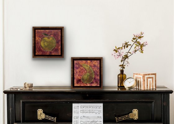 Diptych of small oil paintings with pear and apple fruits