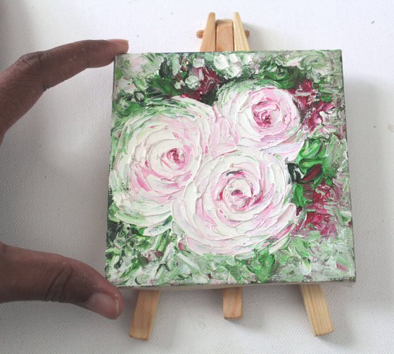 Roses - Pinkish white roses - Palette knife - textured oil painting on mini canvas and easel - gift art