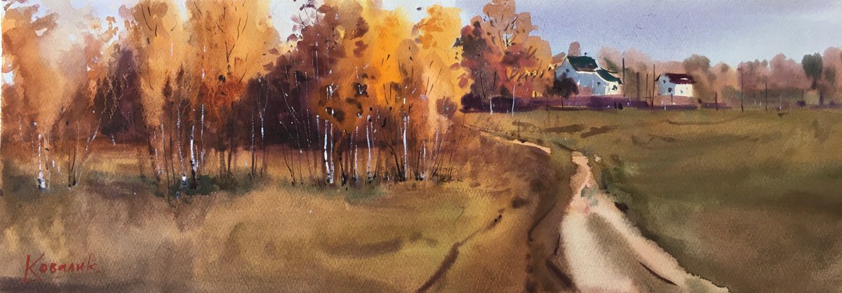 Impressionistic Landscape Watercolour By Andrii Kovalyk, 22 X 8, Gold Of Autumn, Original Artwork
