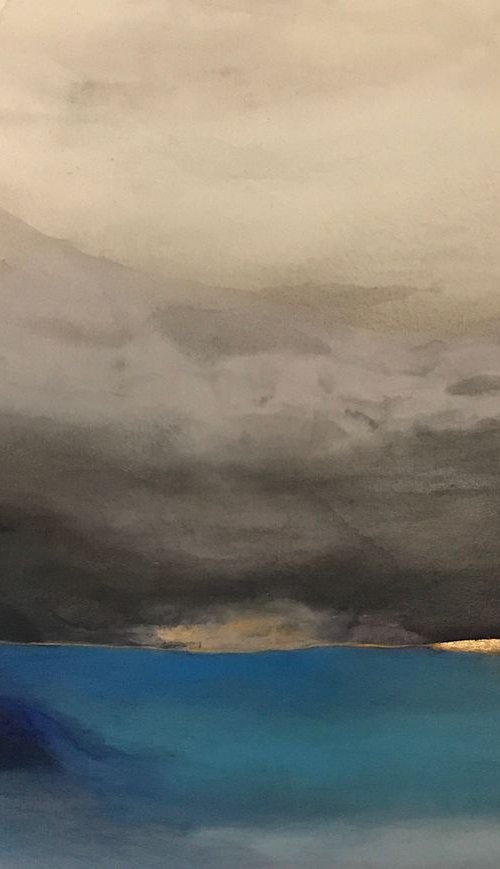 "In your absence" large abstract seascape /landscape neutral blue with gold leaf by Henrieta Angel