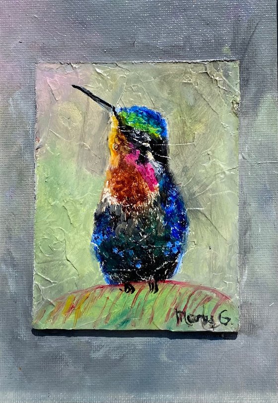 Colorful Hummingbird  oil painting on a gessoed masonite mounted on gessoed panelboard 5x7
