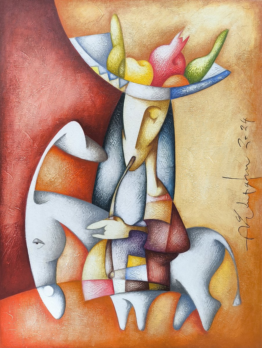 Naive Portrait Oil Painting By Sargis Zakarian, 16 X 20", Journey Of Life, Original Artwork