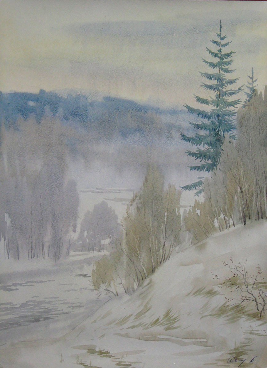 Impressionistic Landscape Watercolour By Valeriy Savenets-1, 12 X 16", Winter Sleep, Original Artwork