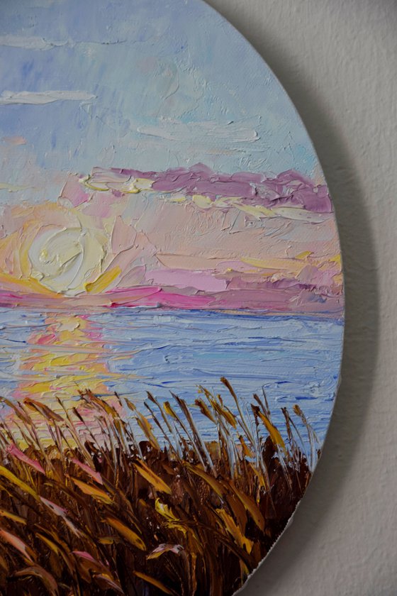 Landscape oval oil painting, sunset seascape wall art, calming decor