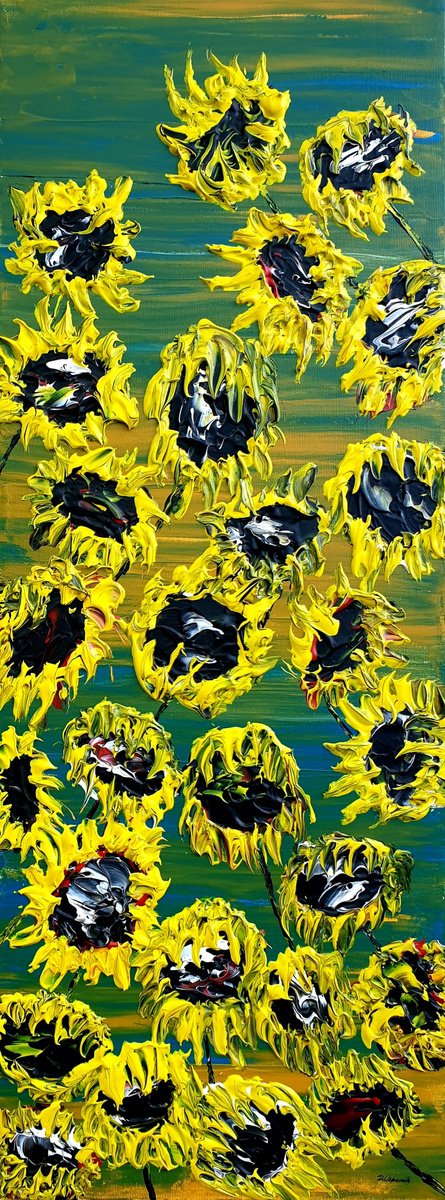 Impressionistic Landscape Acrylic Painting By Daniel Urbani?k, 12 X 31, Blooming Sunflowers 1, Original Artwork