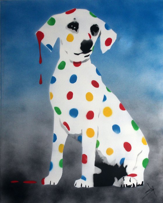 Damien's dotty, spotty, puppy dawg (blue on canvas) + FREE poem.