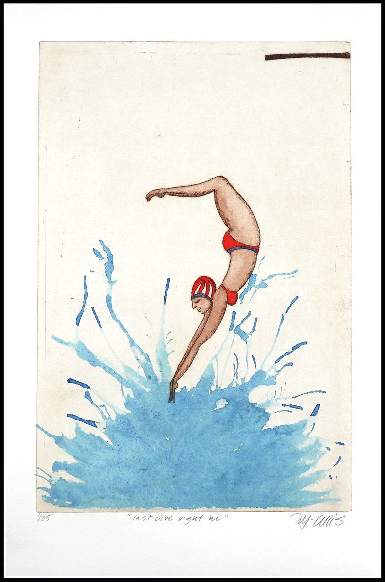 Surrealistic Portrait Etchings & Engravings By Mariann Johansen-Ellis, 15 X 23", Dive Right In, Original Artwork