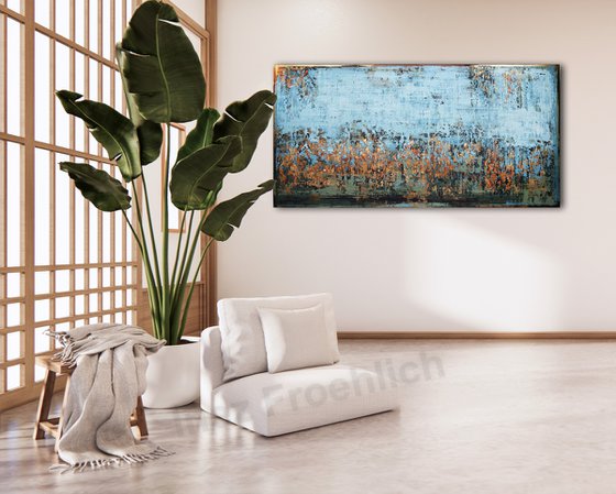 PALE BLUE SKY - 80 x 160 CM - TEXTURED ACRYLIC PAINTING ON CANVAS * BLUE - GREEN * GOLD