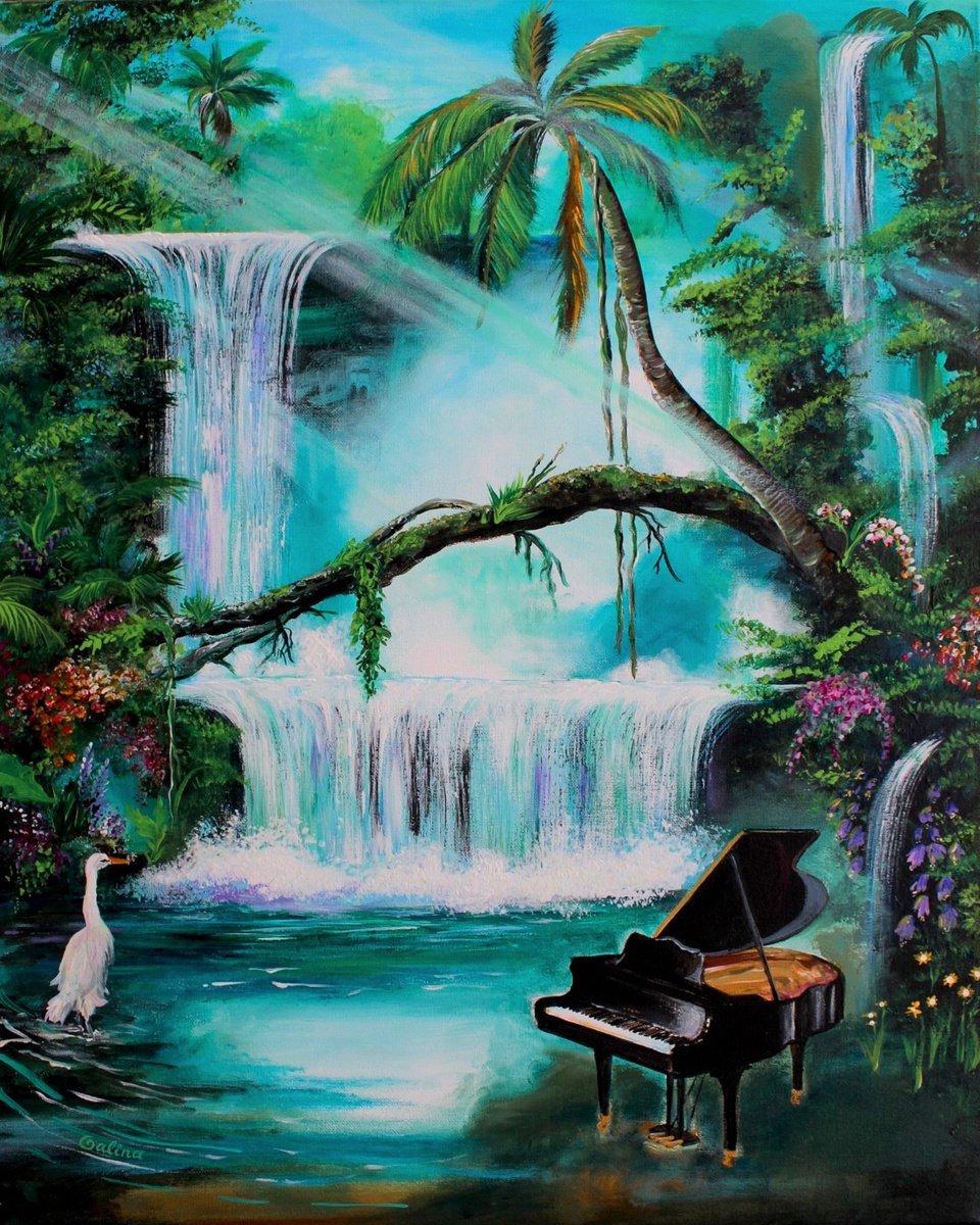 Expressive Landscape Acrylic Painting By Galina Victoria, 24 X 30, Tropical Bliss With Music, Original Artwork