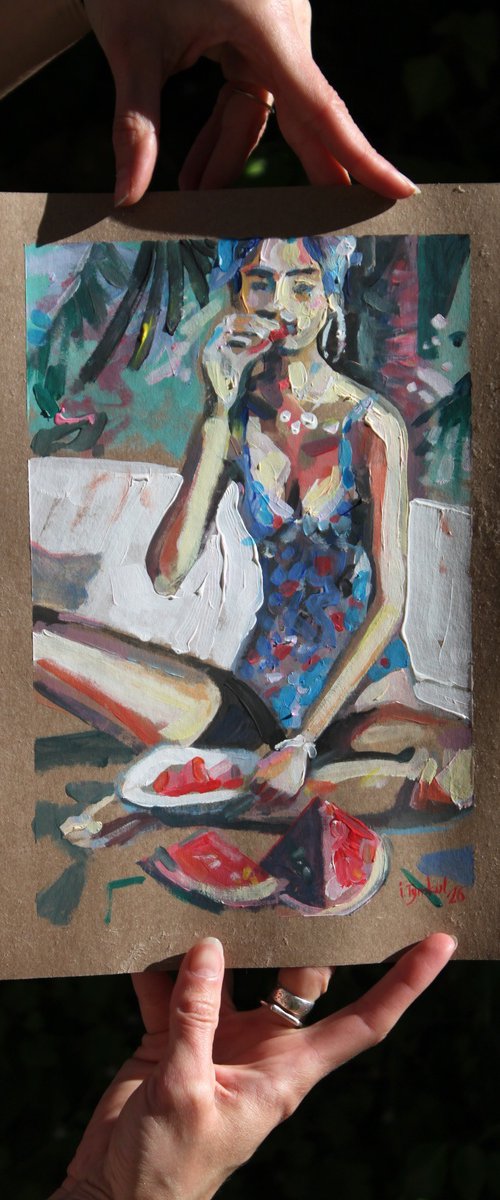 A girl in a blue swimsuit Summer watermelon by Iryna Tymkul