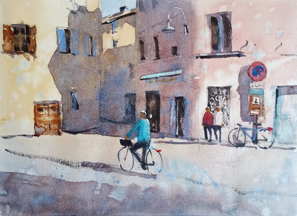 Expressive Landscape Watercolour By Tollo Pozzi, 15 X 11", Little Square In Tirano, Italy, Original Artwork