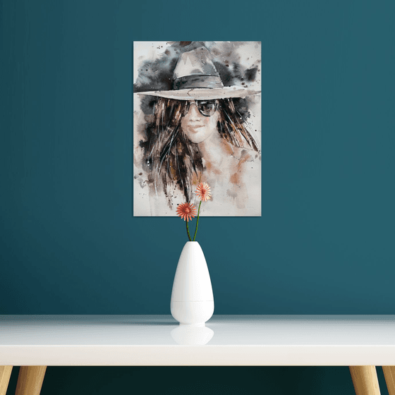 White hat. Portrait. one of a kind, original painting.